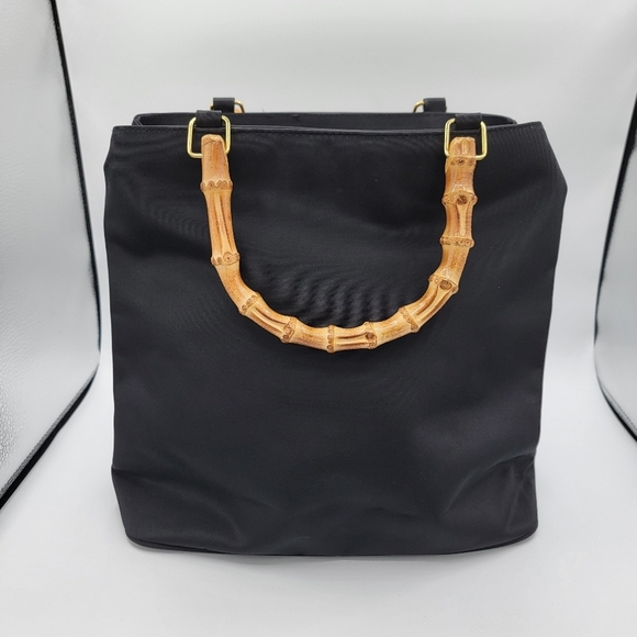 Handbags - Black Tote Bag with Bamboo Handles #3064